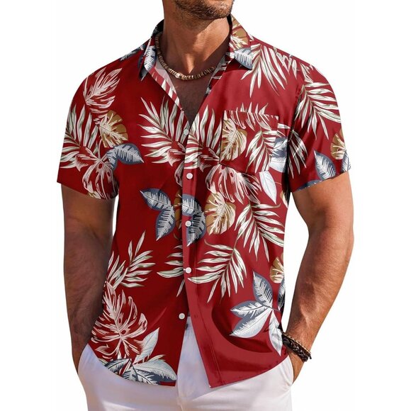 Men Red Hawaiian Shirt Short Sleeve Floral Button Down Tropical Beachwear - Picture 1 of 6